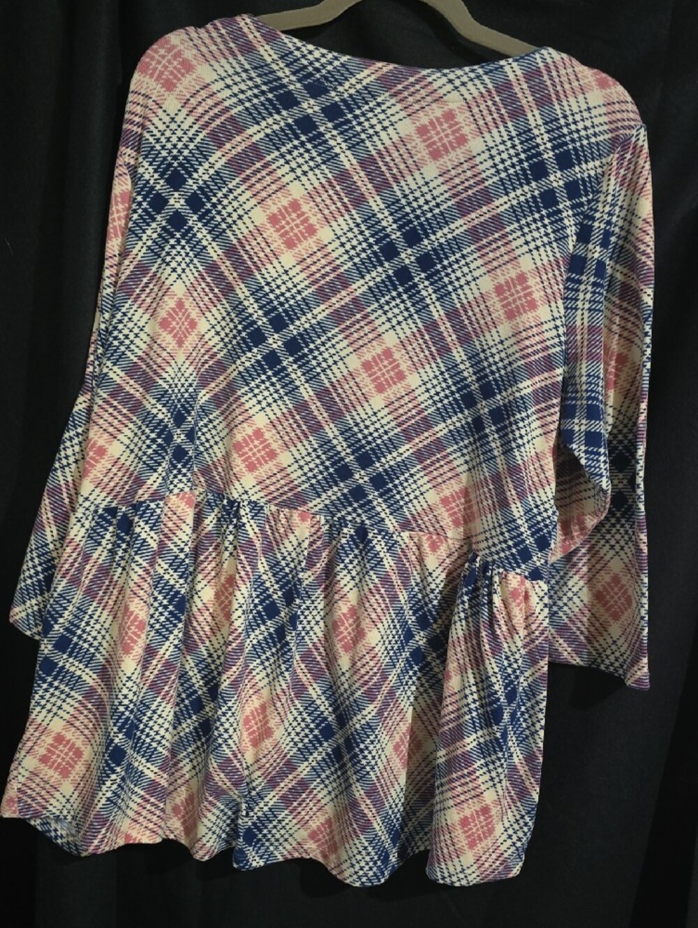 Plaid V-Neck Button-Front Peplum Blouse - Blue & Pink - Picture 4 of 4